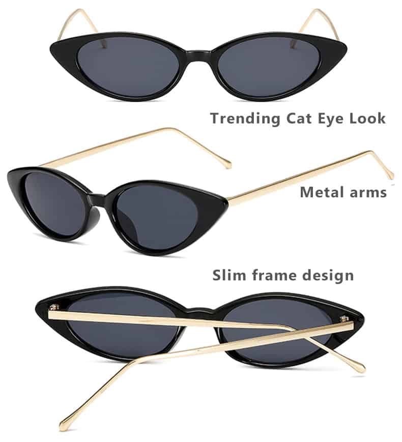 Retro Small Cat Eye Sunglasses Metal Arms Wide Narrow Frame