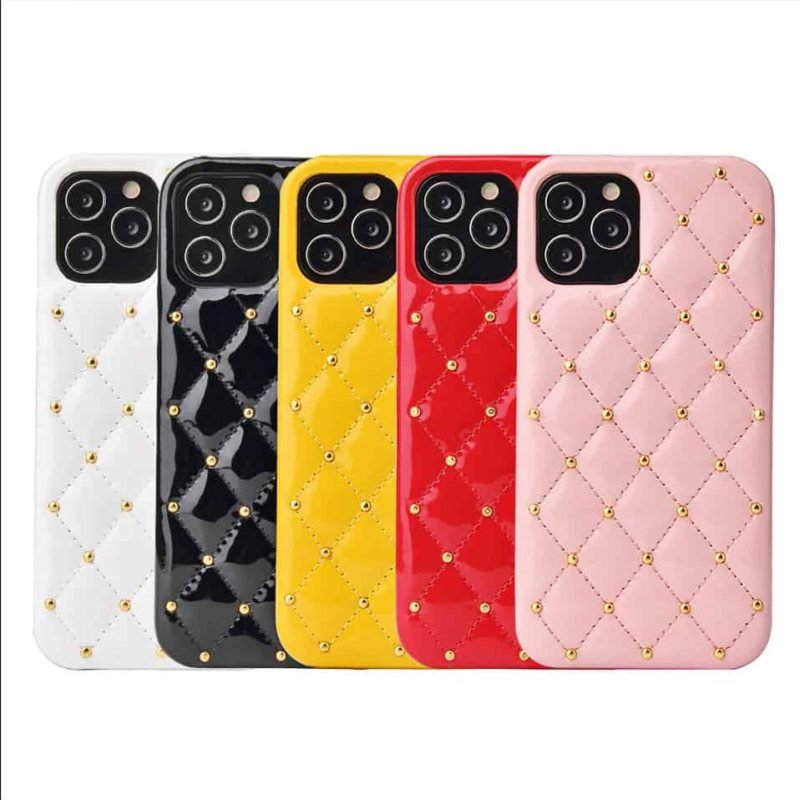 luxury quilted studded leather phone case for iPhone pink yellow black red