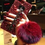 glitter bling diamond phone cover with chain strap and pompom