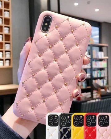 luxury quilted studded leather phone case for iPhone pink, yellow,red, black, white