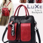luxe 3-in-1 backpack, shoulder bag, handbag. Faux soft leather. Multiple pockets and antitheft feature