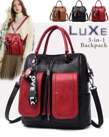 luxe 3-in-1 backpack, shoulder bag, handbag. Faux soft leather. Multiple pockets and antitheft feature