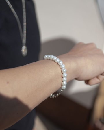 asymmetric white pearl bead and cuban chain men's bracelet