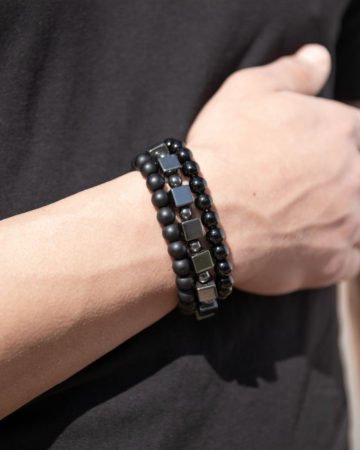 3pc set heavy black stone and beads bracelet