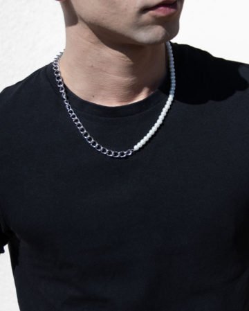 asymmetric white pearl bead and chain men's choker necklace