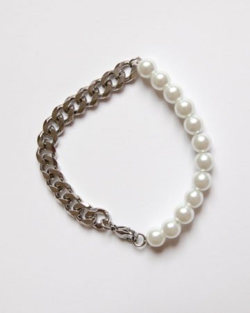 asymmetric white pearl bead and cuban chain men's bracelet
