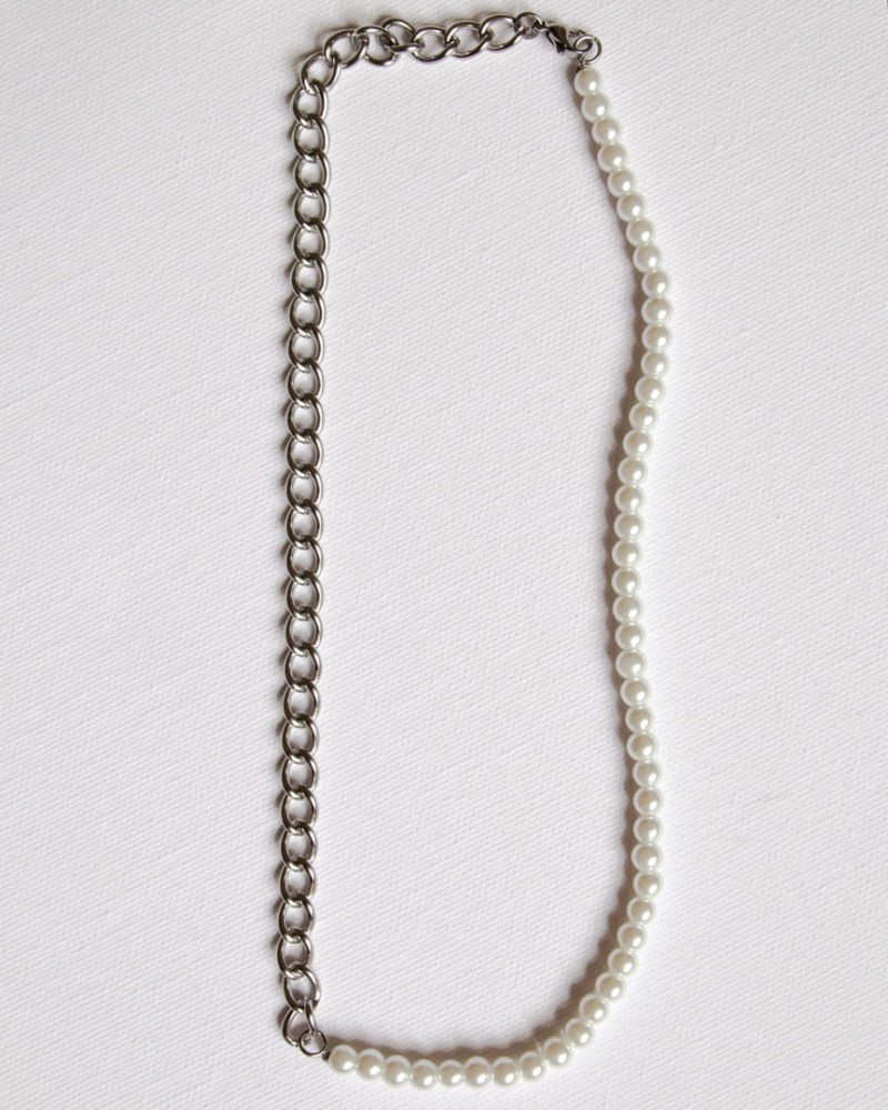 asymmetric white pearl bead and chain men's necklace