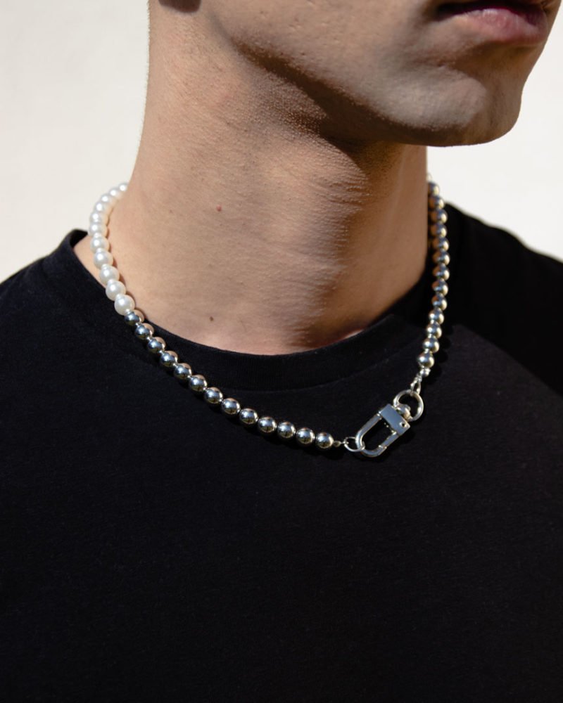 model wearing pearl and silver beads choker necklace with carabiner