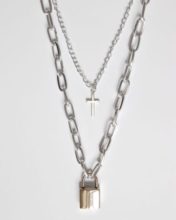 2pc set crucifix padlock silver chain necklace